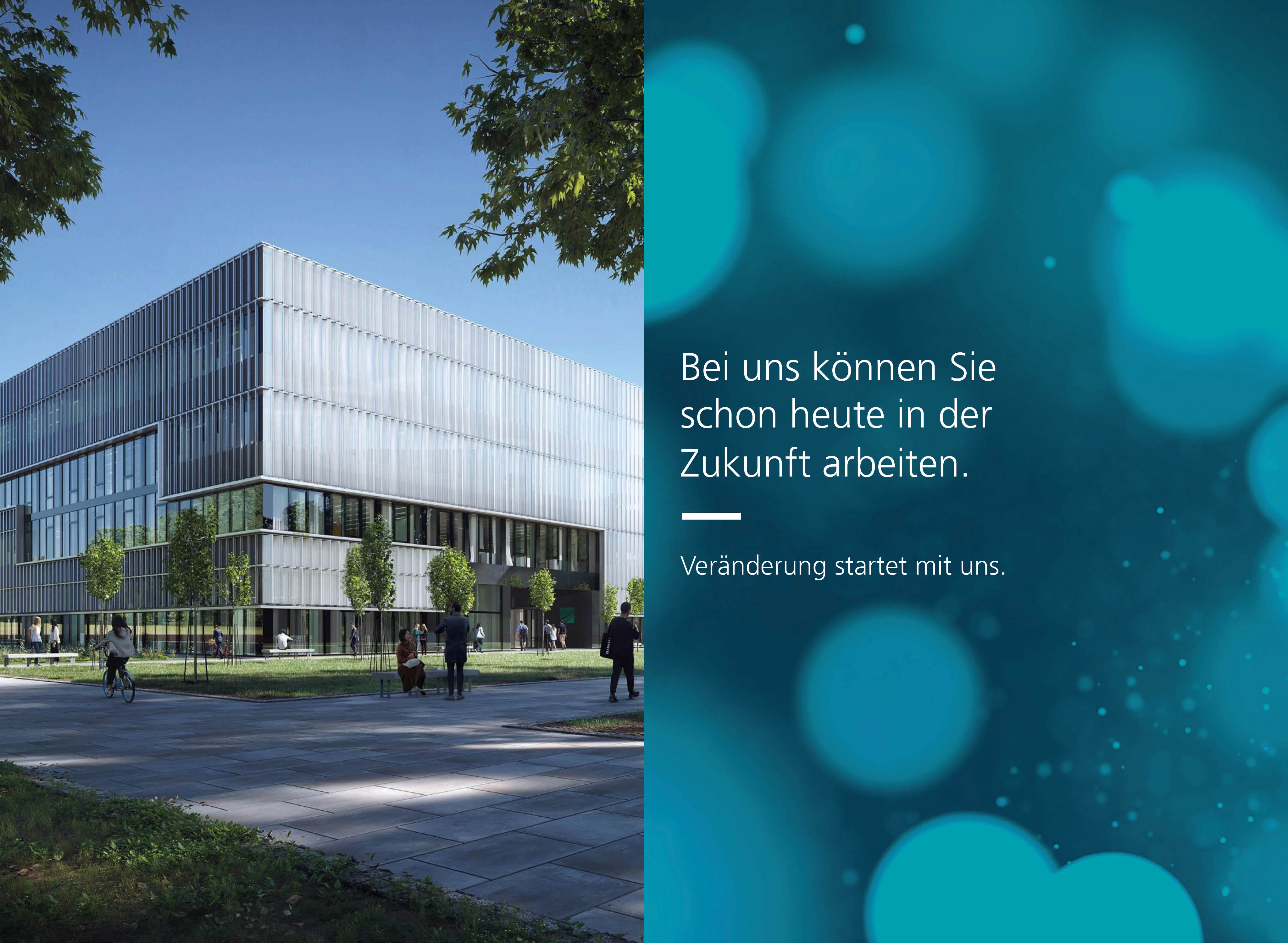 Rendering des Institutsneubaus des Fraunhofer IKS und Spruch: "Bei uns können SIe schon heute in der Zukunft arbeiten. Veränderung startet mit uns."