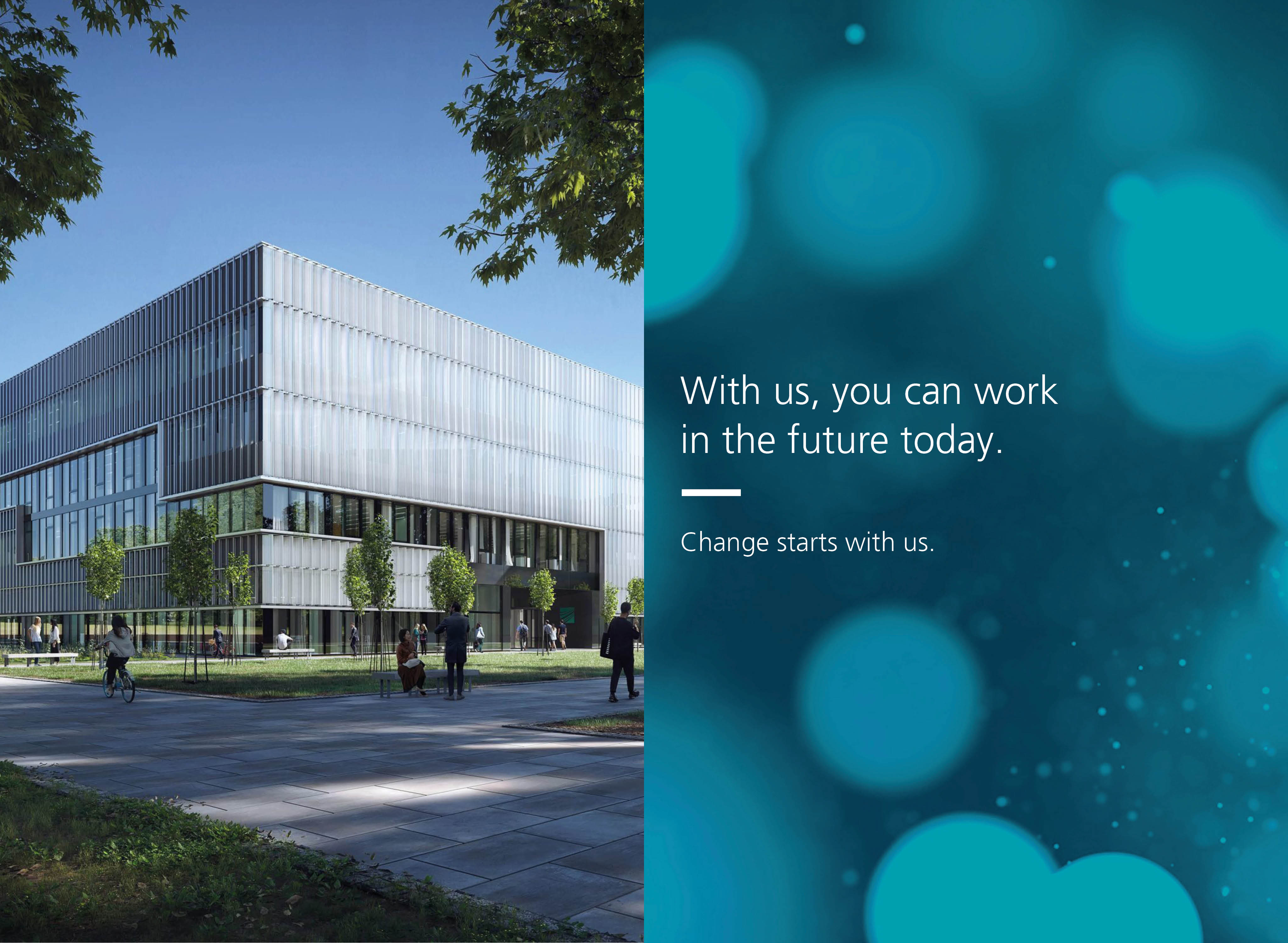 Rendering of the new building of Fraunhofer IKS and claim: "With us, you can work in the future today. Change starts with us."