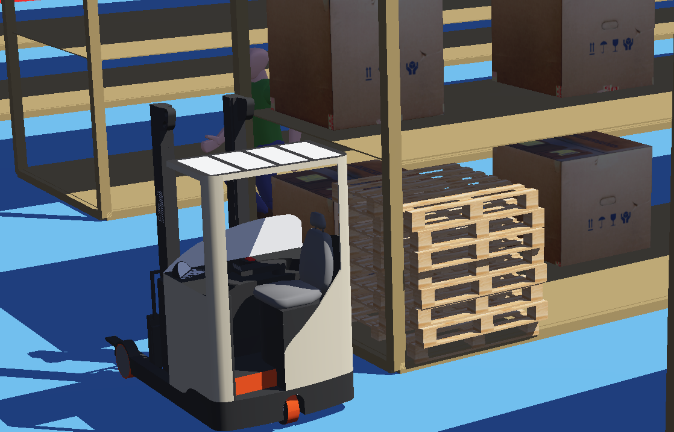 Screenshot of the simulation from Fraunhofer IKS: An automated forklift next to high shelves with goods in a warehouse.